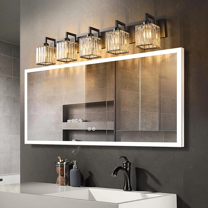 Black Bathroom Light Fixture, 5-Light Crystal Vanity Lighting, Bathroom Lighting Fixtures Over Mirror, Modern Crystal Wall Lamp