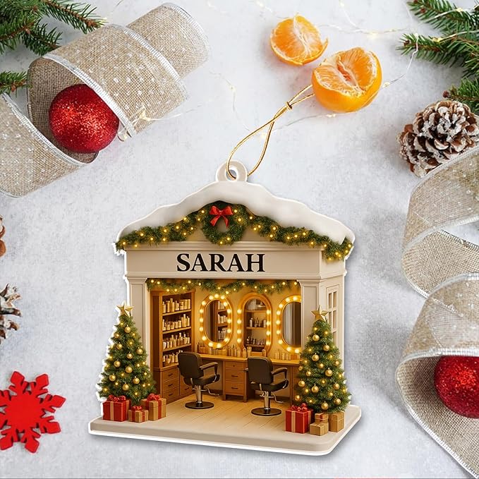 Personalized Hair Salon Christmas Ornament 2025, Flat Acrylic 2D Printed Ornament, Custom Hair Stylist Ornament, for Hairdresser, Christmas Tree Decoration