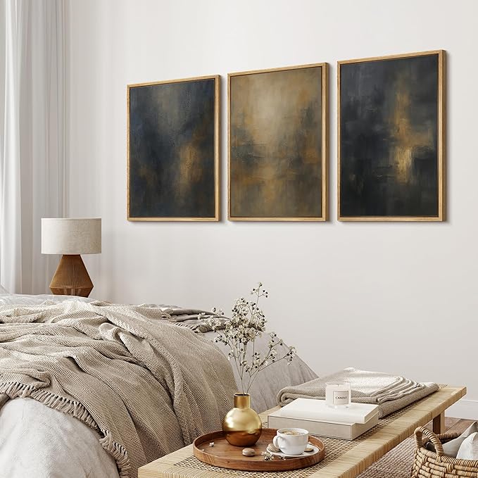 MUDECOR Framed Wall Art Print Set Dark Abstract Modern Contemporary in Navy Blue and Gold Brushstrokes Illustrations Modern Art Decorative for Living Room, Bedroom, Office - 24"x36"x3 Natural
