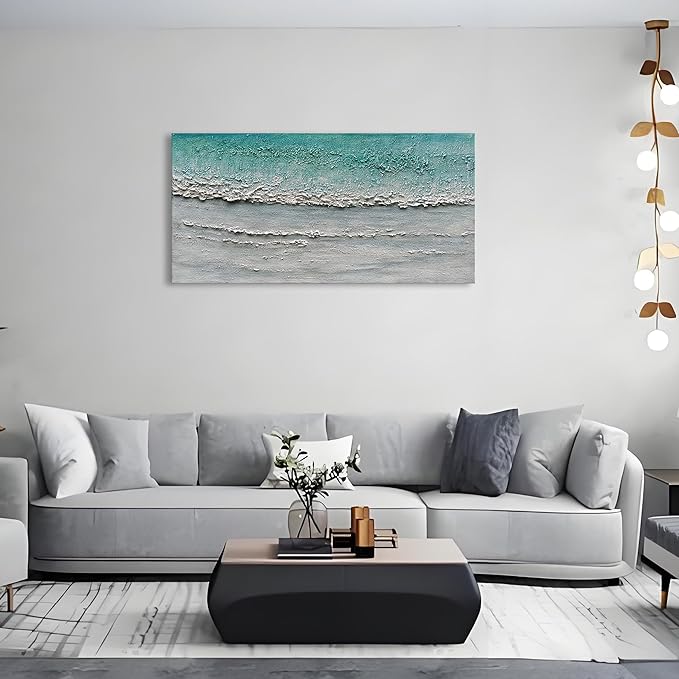 Art Hand-Painted Blue and White Ocean Landscape Oil Painting Modern Abstract Canvas Art Home Wall Decoration 24x48 inches