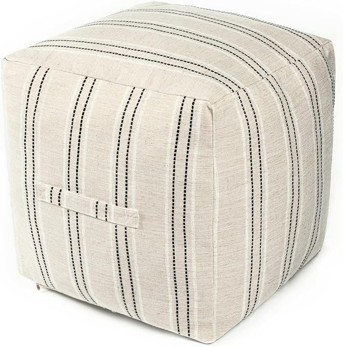 AELS Unstuffed Farmhouse Pouf Cover for Living Room, Boho Storage Bean Bag Cubes, Beige with Black Stitch Yarn Dyed Stripe Square Ottoman Pouf Foot Rest Footstool, 18"x18"x18", Cover ONLY