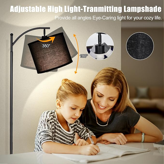 LED Floor Lamps for Living Room, 12W Modern Arc Floor Lamp with Remote & Adjustable Linen Lampshade, Stepless Dimmable Tall Standing Lamp for Bedroom Office Reading (Black Shade)