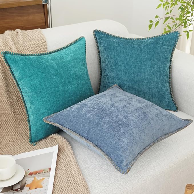 decorUhome Spring Chenille Soft Cozy Throw Pillow Covers 18x18 Set of 2, Modern Farmhouse Boho Velvet Decorative Pillow Cases with Stitched Edge for Couch Sofa Bed Home Decor, Blue