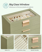 SONGMICS GISELLA Collection - Jewelry Box Organizer, 4-Layer Jewelry Storage with 3 Drawers, Shiny Metal Hardware, Glass Lid, Modern, 6 x 9.9 x 8.5 Inches, Laurel Green and Gold Color UJBC161C02