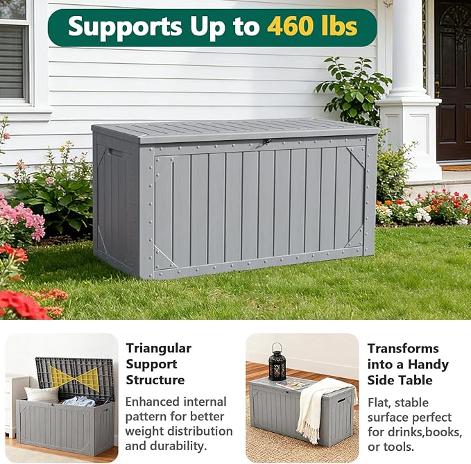 Outdoor Storage Box, 100 Gallon Deck Box Outdoor Storage Bench Outside Waterproof Resin Storage Bench, Lockable Patio Cushions, Garden Tools Storage For Furniture, UV Resistant(Gray)