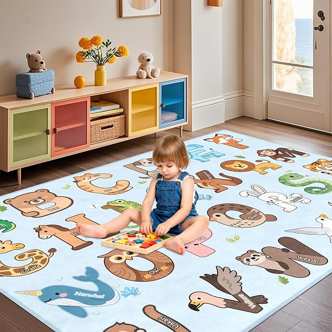 ABC Rugs for Kids Playroom - 4.5x6 Feet Alphabet Rug Kids Play Carpet Preschool Learning Animals, Educational Rug for Children Toddler Bedroom Nursery Kindergarten Decor, Blue