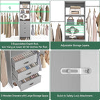 96'' Closet Organizer System with 3 Hanging Rods, 8FT Closet Organizers and Storage with 3 Wooden Drawers, Built in Closet Organizer Systems, Adjustable Walk-in Wardrobe from 5-8FT, Grey