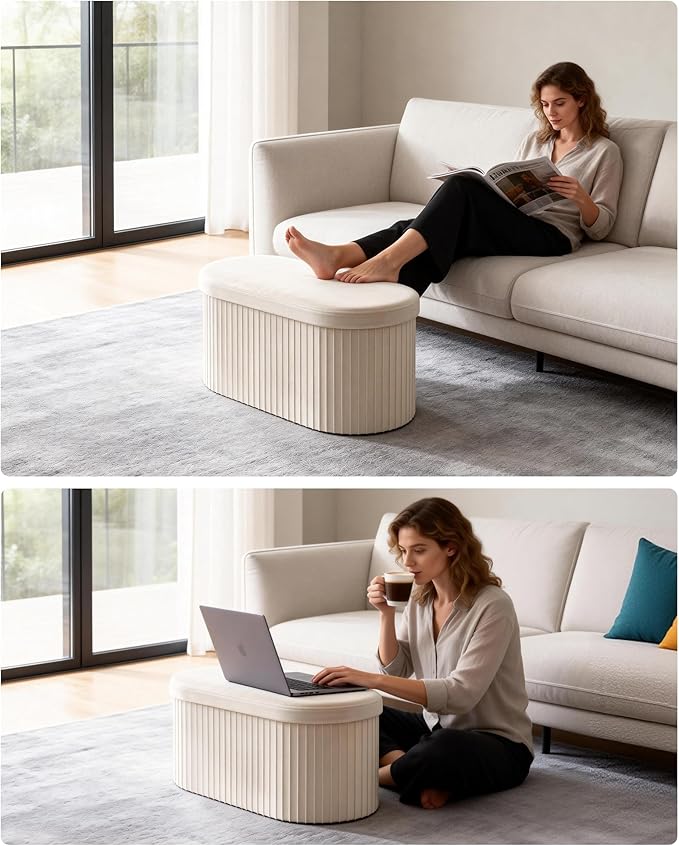GLAXYFUR Oval Storage Ottoman Bench, Velvet Foot Rest, 30 Inch Folding Chest for Living Room, Bedroom, Beige