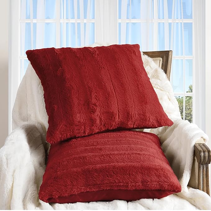Cheer Collection Faux Fur Throw Pillows - Decorative Pillows for Couch, Bed Throw Pillows, Maroon Accent Pillows for Bedroom or Living Room Aesthetic, Set of 2 Furry Throw Pillows, 16" x 16"