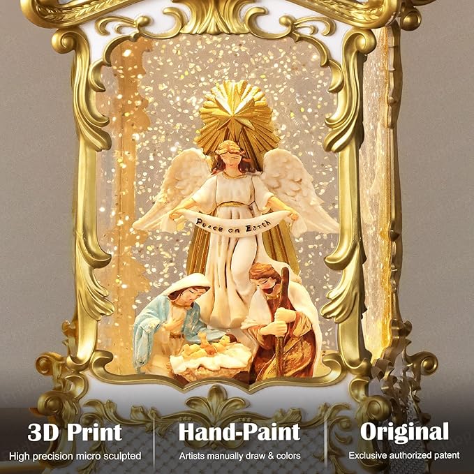 Nativity Snow Globe Christmas Decorations Indoor Angel Nativity Scene Gifts Classic Relief Texture Musical Glitter Snowfall USB/Battery Timer Lantern 12.5 inch