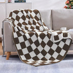 WRENSONGE Checkered Throw Blanket, Coffee Soft Cozy Fluffy Warm Hand Made Throw Blankets for Couch, Sofa, Chair, Bed, Camping, Picnic, Travel Lightweight Bed Blanket - 50"*70"