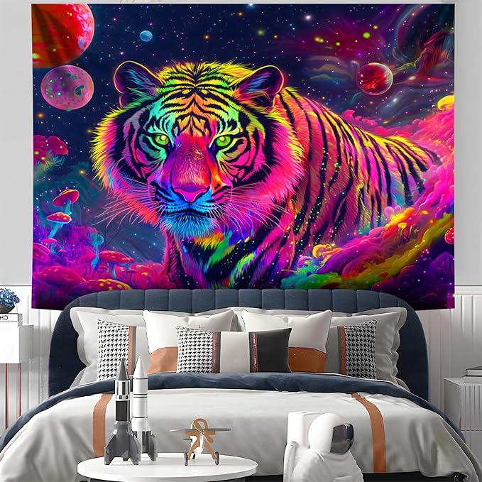 NYZE Tiger Space Tapestry for Bedroom, Glow in the Dark Room Decor Wall Tapestries, Cool Galaxy Planet Wall Hanging, Wall Hanging for Gamer Room Dorm Living Room 59in×51in