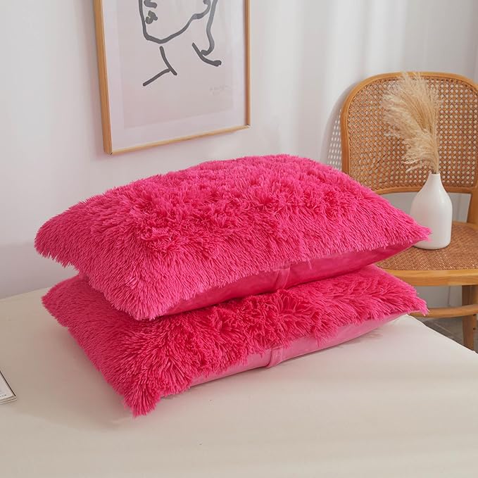 XeGe Plush Shaggy Duvet Cover Set, Luxury Ultra Soft Fluffy Faux Fur Bedding Sets 2 Pieces Velvet(1 Fuzzy Furry Comforter Cover + 1 Faux Fur Pillow Case), Zipper Closure (Twin, Hot Pink)
