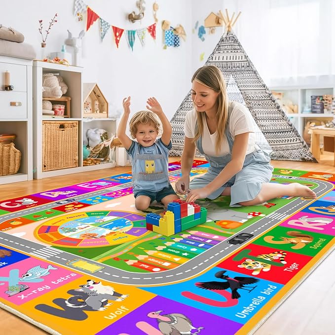 Kids Rugs for Classroom 8' x 10', Kids Educational Area Rugs for Learning ABC Alphabet, Numbers, Colors, Animal Words and Season, Washable Kid Room Rug Play Mat for Playroom Bedroom