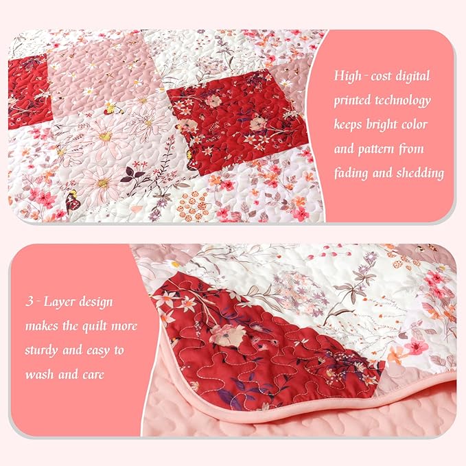 Whale Flotilla Patchwork Quilts Queen Size, Extra Soft Boho Floral Bedspreads for Bed Reversible Lightweight Full Queen Quilt Bedding Set Printed Coverlets with 2 Pillow Shams for All Seasons, Red