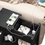 Narrow End Table with Charging Station - Farmhouse Slim Side Table Set of 2, w/USB Ports Power Outlets, Nightstand w/Flip Top Storage Drawer, for Small Spaces Living Room Bedroom, Black