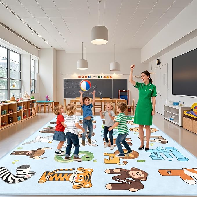 ABC Kids Rugs for Playroom - 9x12 Feet Large Classroom Rug for Kids Preschool Educational Learning Animal, Alphabet Rugs Children Toddler Nursery Kindergarten Decor, Blue