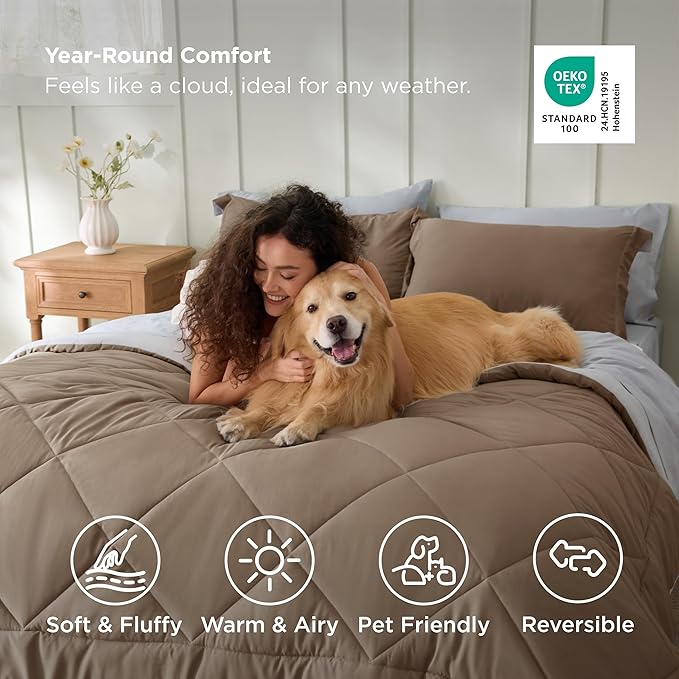 Bedsure Queen Comforter Set - 7 Pieces Reversible Brown Bedding, Queen Size Bed Set for All Seasons, Bed in a Bag with Down Alternative Comforter, Sheets, Pillowcases & Shams
