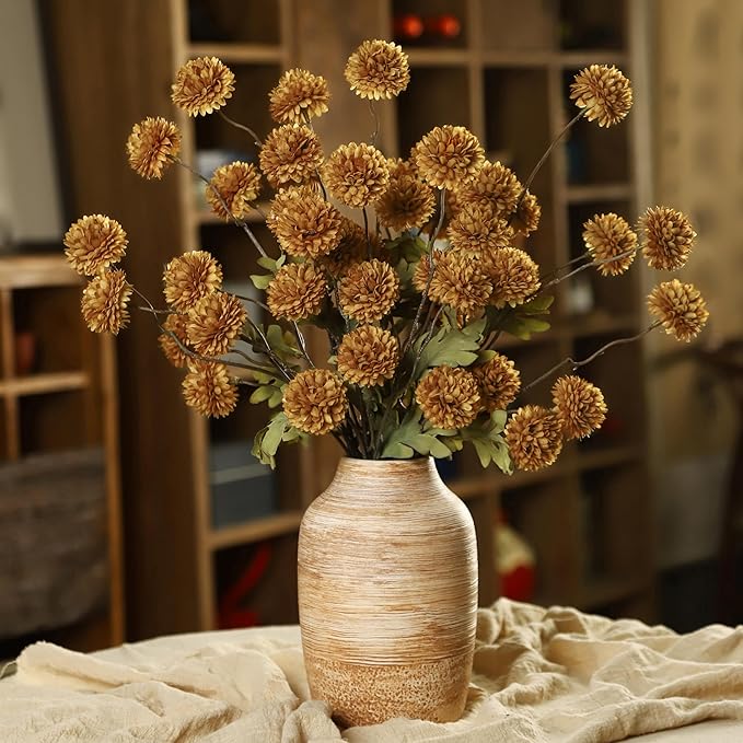 DuHouse 6pcs Artificial Flowers Faux Silk Pompon Mum,Silk Small Mini Chrysanthemum Ball with Stems for DIY Bouquets Centerpieces Vase Home Table Kitchen Decorations(Vintage Yellow)