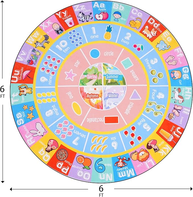 Kids Rugs for Playroom - Soft & Non-Slip 6x6 Feet Round Educational Rug for Learning ABC Alphabet, Numbers, Shapes & Season, Washable Classroom Rug for Toddler Nursery & Kids Room Decor