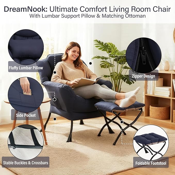 Lazy Chair with Ottoman, Modern Accent Chair with Lumbar Pillow, Navy Blue Sofa, Lounge Chairs with Folding Footrest, Oversized Supportive Chairs for Bedroom, Reading