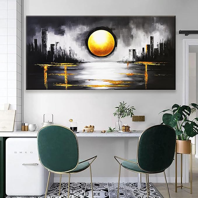 Large Abstract Wall Art For Living Room Black And Gold Wall Art Painting Prints Abstract Art Modern Canvas Art Wall Decor Pictures For Bedroom Kitchen Office Home Wall Decor 29" × 58"