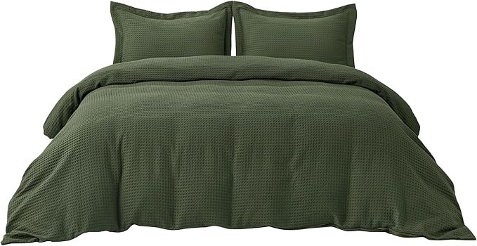 Bedsure Luxury Waffle Duvet Cover King Size - Textured Duvet Cover Set, Soft, Breathable Bedding Set (104"x90") with 2 Pillow Shams for All Season, Olive Green, Comforter Not Included