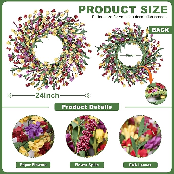 Wreaths for Front Door, 24 Inch Spring/Summer Front Door Wreath, Colorful Paper Flower Wreath for All Seasons for Indoor Home Wall Window Office Wedding Farmhouse Decor (Multicolor)