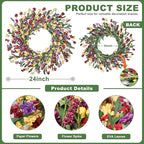 Wreaths for Front Door, 24 Inch Spring/Summer Front Door Wreath, Colorful Paper Flower Wreath for All Seasons for Indoor Home Wall Window Office Wedding Farmhouse Decor (Multicolor)