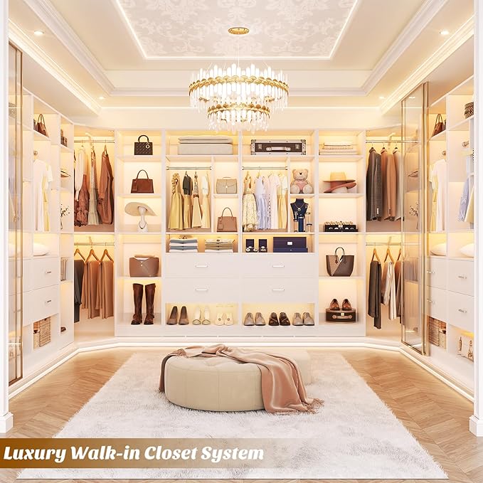 Corner Closet System with 2 Sets, 63.2" Corner Closet Organizer System with 2 Drawers + 18 Shelves + 3 Hanging Rods, Reversible L Shaped Walk-in Closets, White (63.2" L x 39.2" W x 80" H)