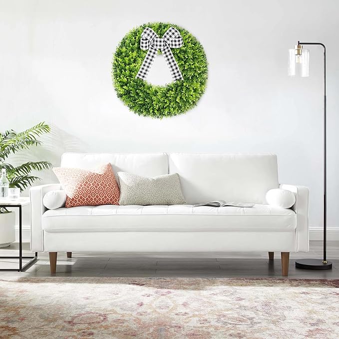 Vlorart 28" Faux Round Boxwood Wreath, Artificial Large Boxwood Wreath Front Door Wreaths Artificial Spring Summer Greenery Hanging with A Plaid Bow for Villa Wall Hanging Window Wedding Party Decor