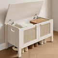 SICOTAS Rattan Shoe Rack Bench with Lift Top Storage: White Farmhouse Boho Shoe Cabinet Entryway Bench with Safety Hinges, Wooden Storage Chest for Bedroom, Entryway, Hallway, Living Room