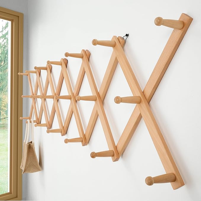 Dseap Accordian Wall Hanger: 16” High Wooden Wall Expandable Coat Rack, Hat Rack Holder, Accordion Hook for Baseball Caps, Coats, Mugs, 20 Peg Hooks, Natural
