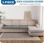 Waterproof Couch Cushion Covers, Stretch Sofa Cushion Covers, Individual Sofa Seat Cushion Slipcovers, Furniture Protector for Kids/Pets (3-Piece Sofa Cushion Cover, Light Grey)