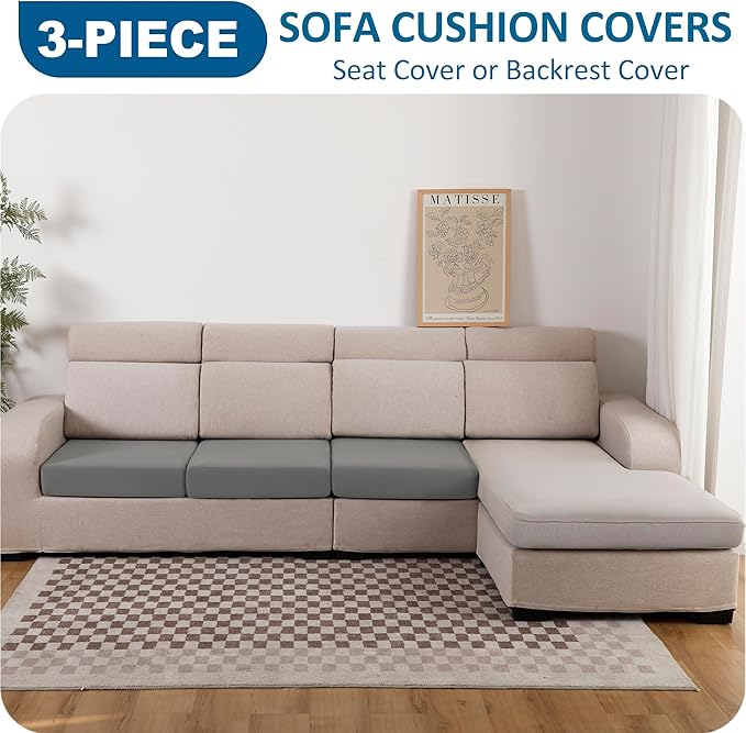 Waterproof Couch Cushion Covers, Stretch Sofa Cushion Covers, Individual Sofa Seat Cushion Slipcovers, Furniture Protector for Kids/Pets (3-Piece Sofa Cushion Cover, Light Grey)
