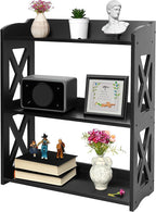 Black Bookcase by Natural Wood, 3 Tier Bookshelf, Small Book Shelves Freestanding Display Storage Shelves. Open Bookshelf for Bedroom, Living Room and Office (Black, 3 Tier)