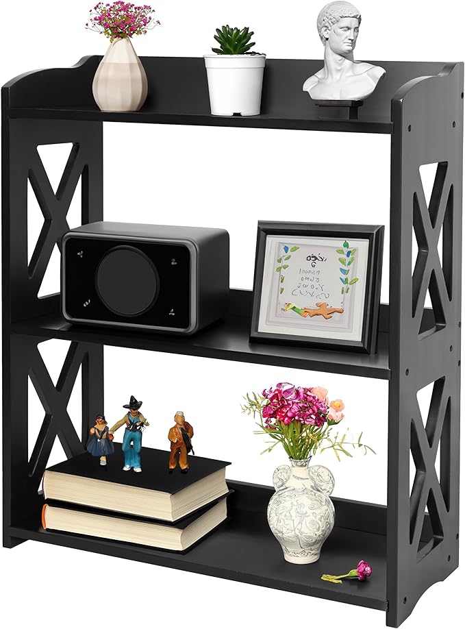 Black Bookcase by Natural Wood, 3 Tier Bookshelf, Small Book Shelves Freestanding Display Storage Shelves. Open Bookshelf for Bedroom, Living Room and Office (Black, 3 Tier)