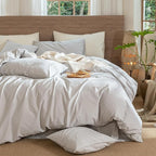 MooMee Wavy Striped Duvet Cover Set 100% Washed Cotton Linen Like Textured Breathable Durable Soft Comfy (Light Grey, Twin 68"x90")