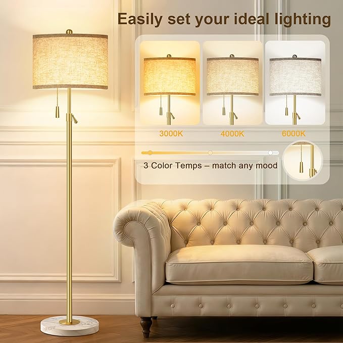 Modern Gold Floor Lamp for Living Room - Adjustable Height Standing Lamp with Marble Base & Linen Shade, 3-Way Dimmable Tall Floor Light for Bedroom, Reading, Bulb Included
