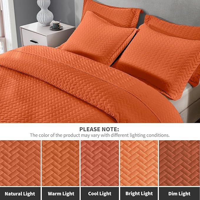 Maple&Stone Quilt Set Queen Size, Burnt Orange Lightweight Bedspread Ultrasonic Chevron Pattern Light Coverlet for All Season Comforter Bedding Decor - 3 Piece Queen Bed Cover Sets
