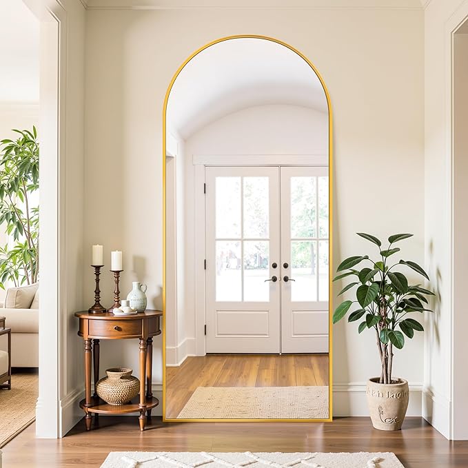 Full Length Mirror, 68"x26" Oversized Floor Mirror Freestanding, Full Body Mirror Floor Standing Mirrors with Stand, Hanging Mounted Mirrors for Bedroom Living Room, Gold, Arched Style