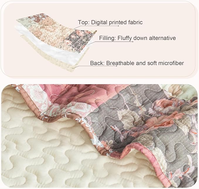 Whale Flotilla Patchwork Quilt King Size, Soft Boho Floral Bedspreads for Bed Reversible Lightweight King Quilt Bedding Set Coverlets with 2 Pillow Shams for All Seasons, Vintage Red Flowers