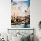 Ambesonne New York Tapestry, Manhattan Bridge and the New York Skyline at Sunset East River Highrise Buildings, Fabric Wall Hanging Decor for Bedroom Living Room Dorm, 30" X 45", Camel Blue