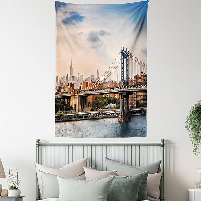 Ambesonne New York Tapestry Twin Size, Manhattan Bridge and the New York Skyline at Sunset East River Highrise Buildings, Wall Hanging Bedspread Bed Cover Wall Decor, 68" X 88", Camel Blue