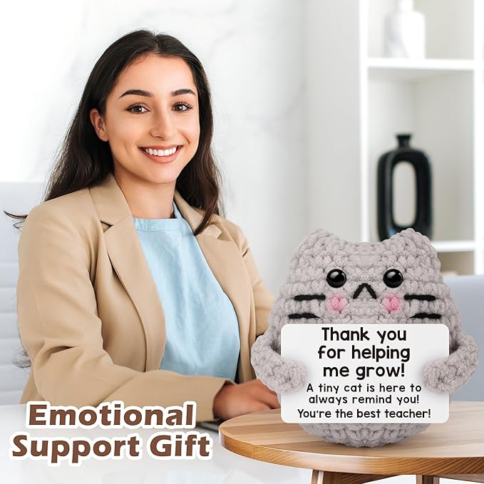 Teacher Appreciation Gifts for Women Cat Lover,Positive Crochet Animal for Teachers Mentors Coachs from Student, Emotional Crochet Support Cat