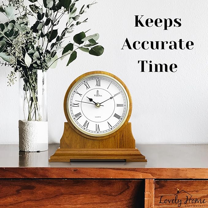 Mantel Clock for Living Room - Decorative Wood Mantle Clock Battery Operated - Silent Wooden Mantle Clock for Living Room Decor Above Fireplace Mantel, Office, Table, Shelf & Home Décor Gift 9x8.5