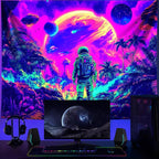 Tapestry Blacklight Space Astronaut MushroomTapestries Fantasy Forest Trippy Starry Sky Tapestry Cool Wall Hanging Neon Nature Plant Wall Hanging Decor for Bedroom 79X59 in