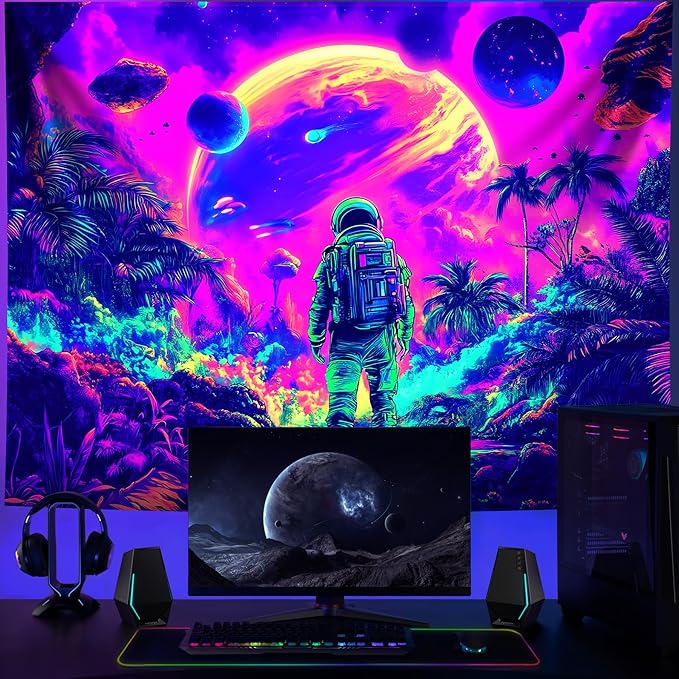 Tapestry Blacklight Space Astronaut MushroomTapestries Fantasy Forest Trippy Starry Sky Tapestry Cool Wall Hanging Neon Nature Plant Wall Hanging Decor for Bedroom 79X59 in
