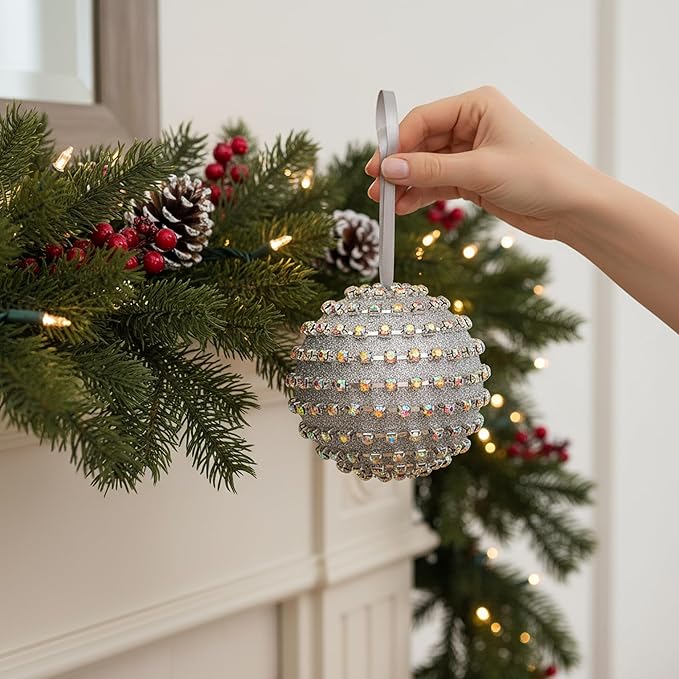 Iridescent Crystal Rhinestone Ball Ornaments, 4 Pack Handcrafted Sparkling Christmas Tree Decorations, Hanging Ornaments for Holiday & Home Décor in Luxury Gift Box