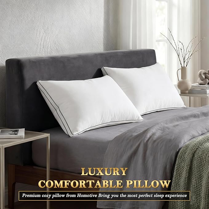 Feather Pillows Standard Size Set of 2 Goose Down Pillows with 100% Breathable Cotton Cover, Hotel Collection Bed Pillows for Sleeping, Soft Support for Back, Stomach and Side Sleepers